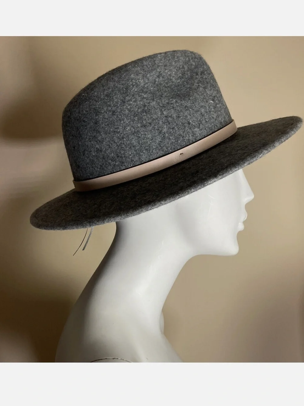 free people OS Gray Tan Leather Trim Wool Wide Brim Fedora Hat